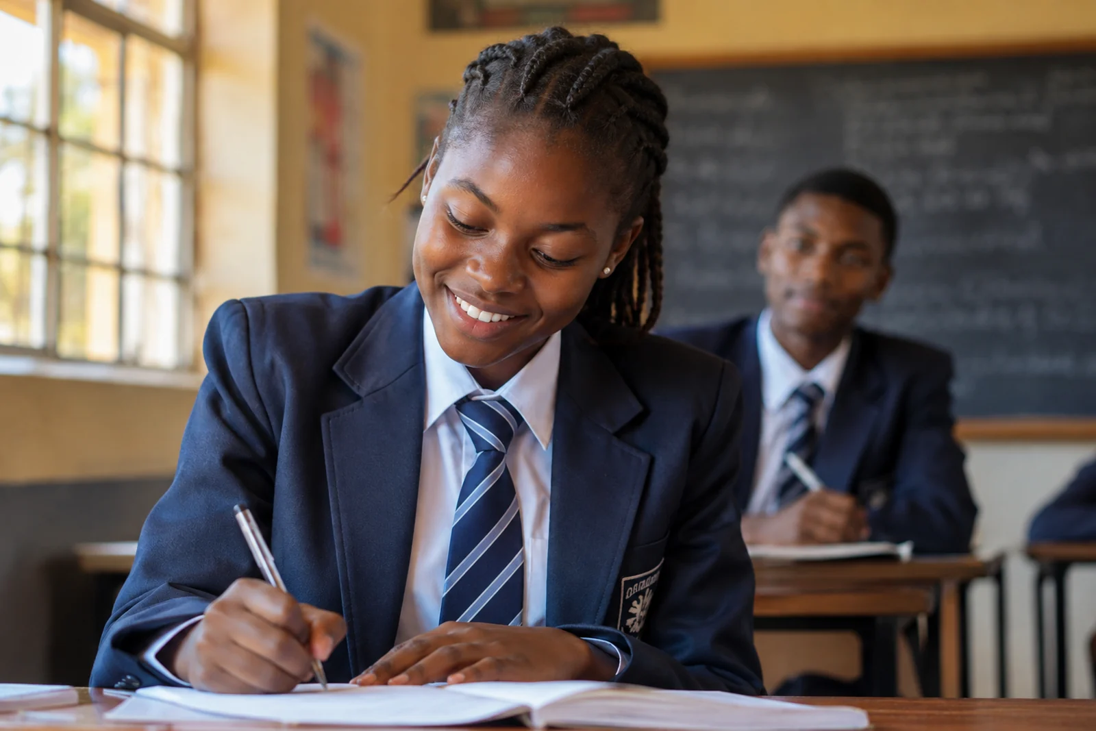 A Zimbabwean secondary school learner writing at her desk in class